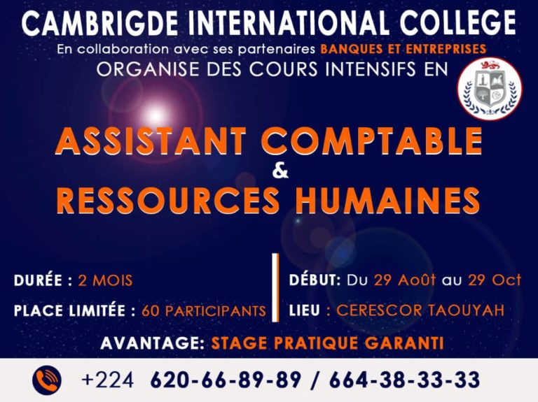 Cambridge International College lance sa formation en Assistant Comptable et Ressources Humaines avec Stage Garanti