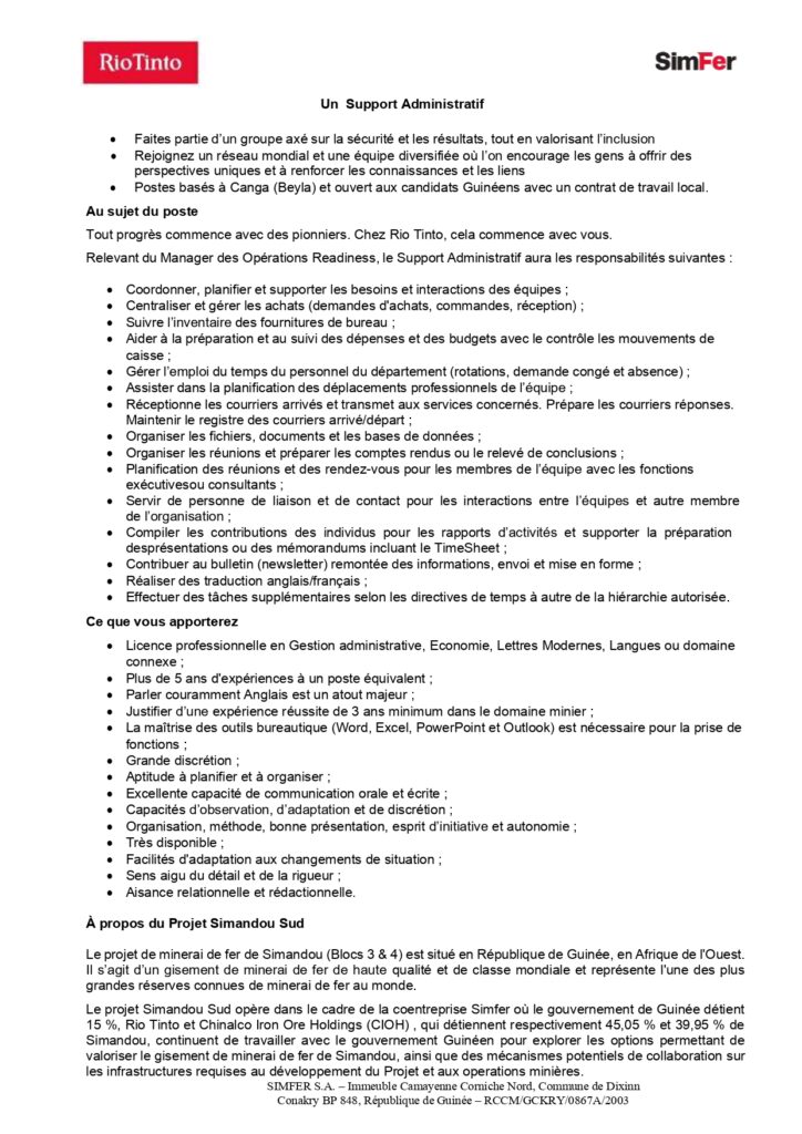 Riotinto Recrute Un Support Administratif Journal Hebdo Et Lectronique De L Emploi Et Des